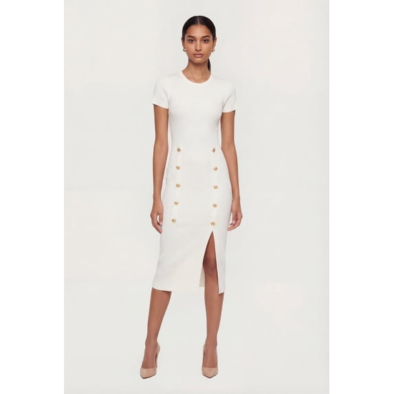 Women's Ribbed Knit Short Sleeve Midi Dress with Faux Buttons