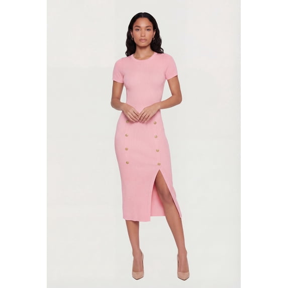 Women's Ribbed Knit Short Sleeve Midi Dress with Faux Buttons