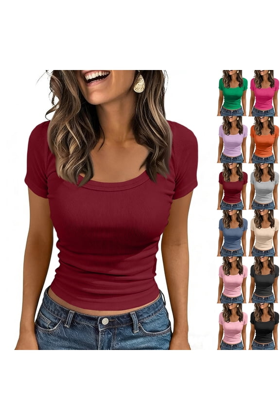 Women's Ribbed Knit Short Sleeve T-Shirts Slim Fitted Square Neck Casual Summer Basic Top, Wine M