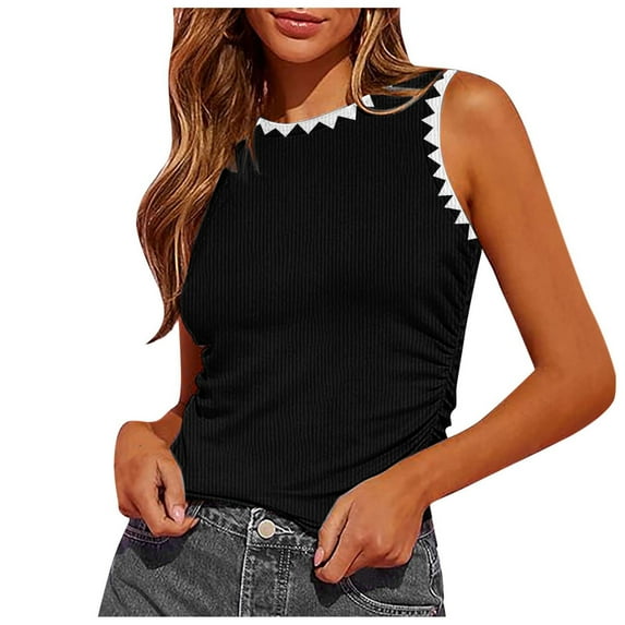 Women's Ribbed Knit Sleeveless Racerback Tank Top Slim Fit Crew Neck Color Block Casual Comfortable Stretchy Summer Fashion