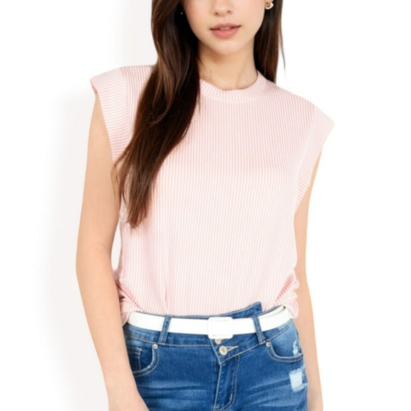 Women's Ribbed Knit Sleeveless Top with Shoulder Detail- Pink,Small