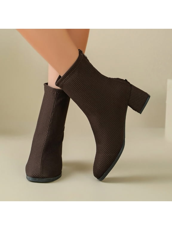 Women's Ribbed Knit Sock Ankle Boots, Square Toe Stretch Short Boots with Back Zipper, Block Heel Comfort Boots