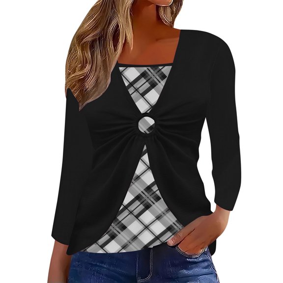 Women's Ribbed Knit Square Neck Shirt Fall Winter Long Sleeve Dressy Casual Blouse Trendy Faux Two Piece Tunic Tops