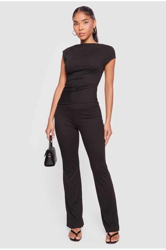 Women's Ribbed Knit Straight Leg Pull On Pants