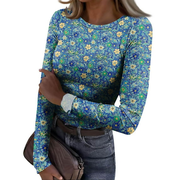 Women's Ribbed Knit Stretch Shirts Crew Neck Long Sleeve Floral Undershirt Casual Pullover Jumper Tops