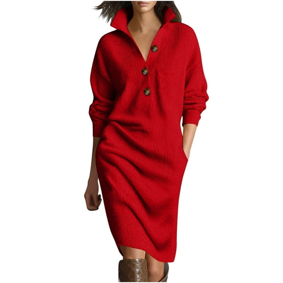 Women's Ribbed Knit Sweater Dress Long Sleeve Button Crew Neck Midi Dresses Fashion Trendy Casual Trendy Outwear Fall Winter Outfits Casual Trendy Loungewear