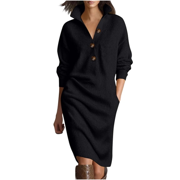 Women's Ribbed Knit Sweater Dress Long Sleeve Button Crew Neck Midi Dresses Fashion Trendy Casual Trendy Outwear Fall Winter Outfits Casual Trendy Loungewear