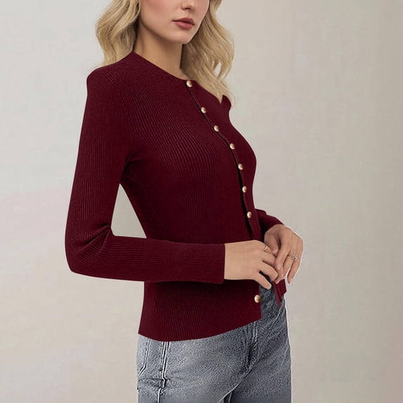 Women's Ribbed Knit Sweater Long Sleeve Round Neck Decorative Button Fitted Top Wine S