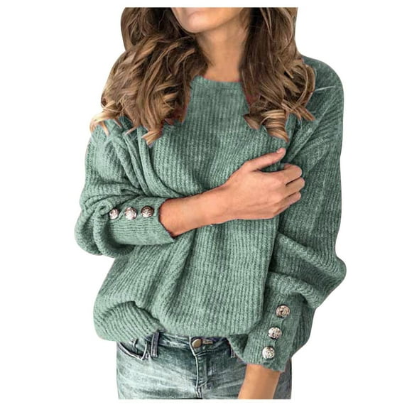 Women's Ribbed Knit Sweater Long Sleeve Round Neck Side Button Trendy Casual Loose Solid Elegant Pullover Jumper Mint Green,XL