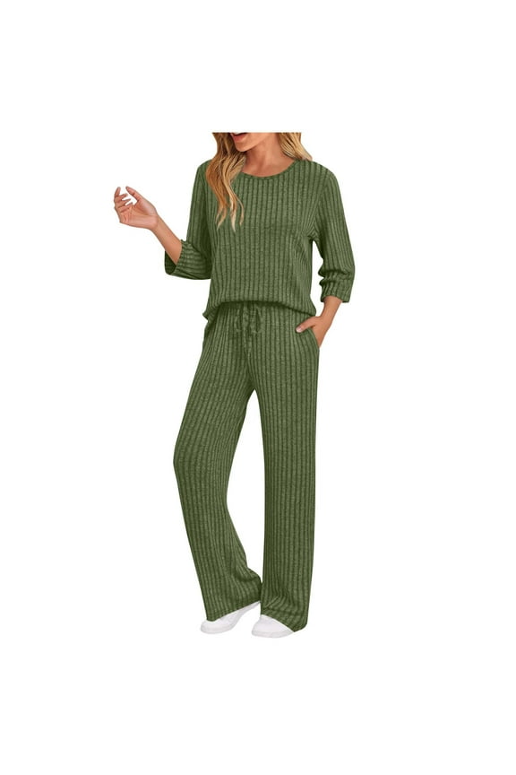 Women's Ribbed Knit Sweatsuit 2 Piece Set 2025 Crewneck 3/4 Sleeve Top and High Waist Wide Leg Sweatpants Casual Matching Lounge Outfit with Pockets Comfy Tracksuit Solid Color Coordinates