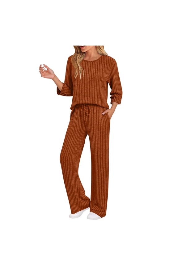 Women's Ribbed Knit Sweatsuit 2 Piece Set 2025 Crewneck 3/4 Sleeve Top and High Waist Wide Leg Sweatpants Casual Matching Lounge Outfit with Pockets Comfy Tracksuit Solid Color Coordinates