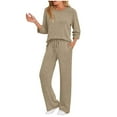 thumbnail image 1 of Women's Ribbed Knit Sweatsuit 2 Piece Set 2025 Crewneck 3/4 Sleeve Top and High Waist Wide Leg Sweatpants Casual Matching Lounge Outfit with Pockets Comfy Tracksuit Solid Color Coordinates, 1 of 8