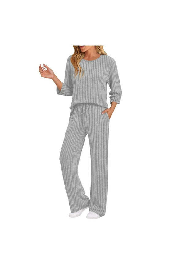 Women's Ribbed Knit Sweatsuit 2 Piece Set 2025 Crewneck 3/4 Sleeve Top and High Waist Wide Leg Sweatpants Casual Matching Lounge Outfit with Pockets Comfy Tracksuit Solid Color Coordinates