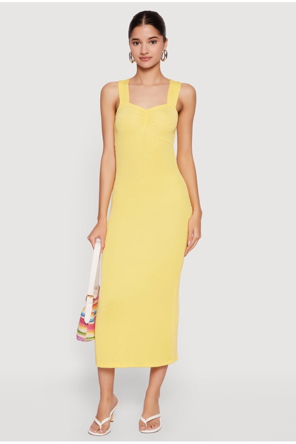 Women's Ribbed Knit Sweetheart Neckline Midi Dress