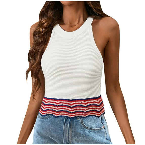 Women's Ribbed Knit Tank Top Slim Fit Crew Neck Tanks Striped Cami Sleeveless Casual Shirt Fitted Summer Sleeveless Blouses Essential Top