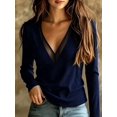 thumbnail image 1 of Women's  Ribbed Knit Top Sheer Mesh V-Neck Long Sleeve Fitted Slim Fit Stretchy Pullover for Fall Winter Layering Date Night Going Out Outfits, 1 of 4