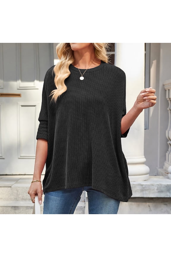 Women's Ribbed Knit Top - Stretchy Rib Texture Crewneck Shirt, Form-Fitting Casual Blouse for a Chic Layered Look Black M