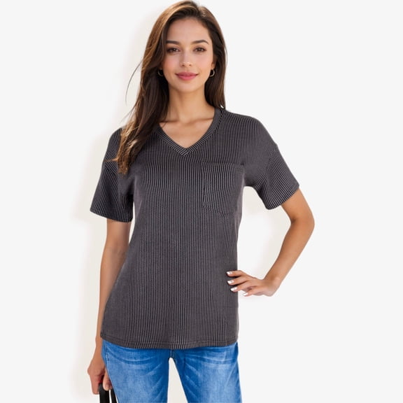 Women's Ribbed Knit Top with V-Neck, Short Sleeves, Front Pocket, Loose Fit Casual Blouse- Small, Gray