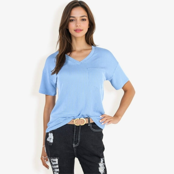 Women's Ribbed Knit Top with V-Neck, Short Sleeves, Front Pocket, Loose Fit Casual Blouse- Small, Light Blue