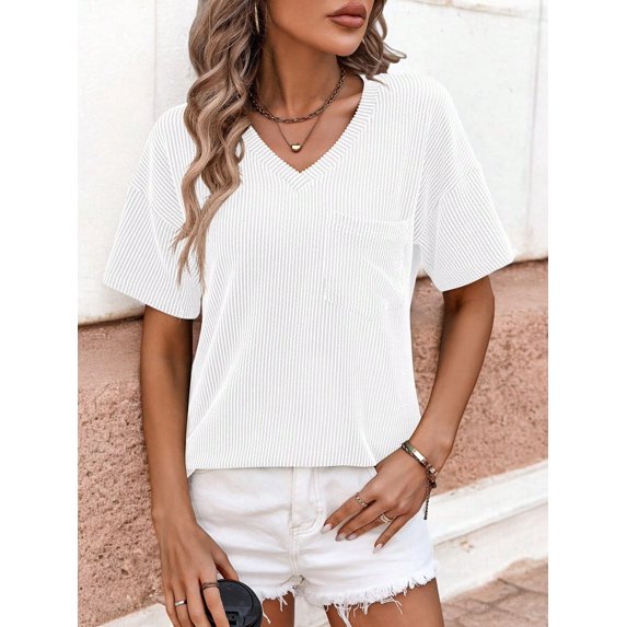 Women's Ribbed Knit Top with V-Neck, Short Sleeves, Front Pocket, Loose Fit Casual Blouse- X Large, White