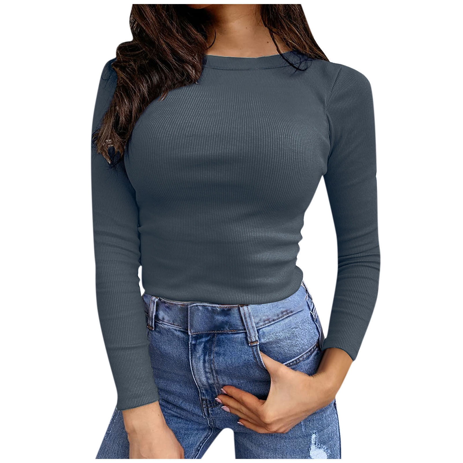 Women's Ribbed Knit Tops Crewneck Solid Color Long Sleeve T Shirts Slim  Fitted Casual Stretch Tight Basic Tee Ladies Clothes 