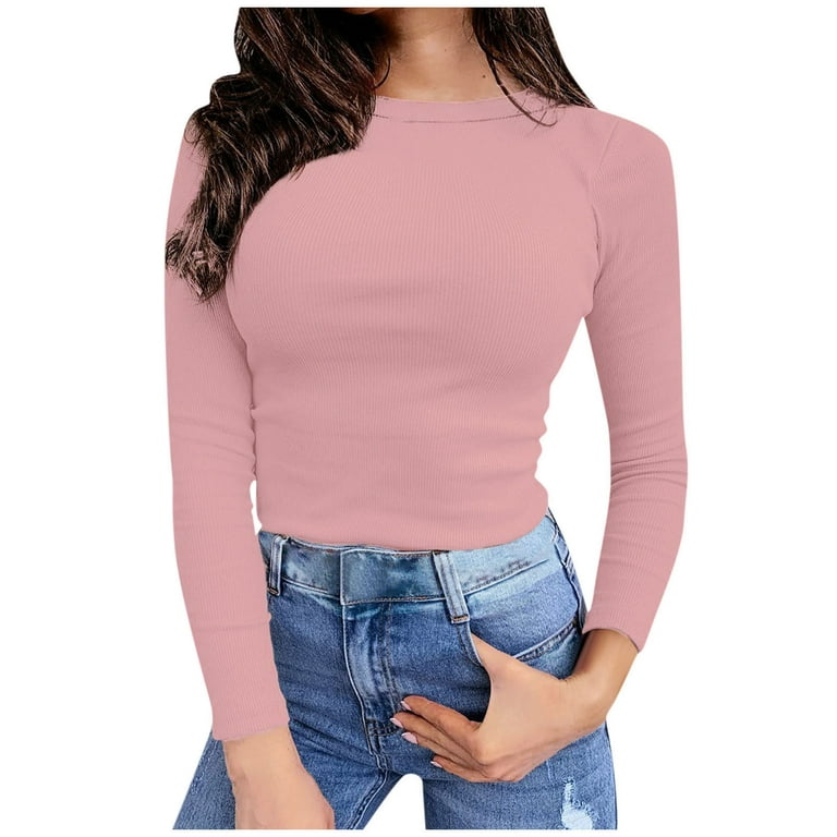 Women's Ribbed Knit Tops Crewneck Solid Color Long Sleeve T Shirts Slim  Fitted Casual Stretch Tight Basic Tee Ladies Clothes