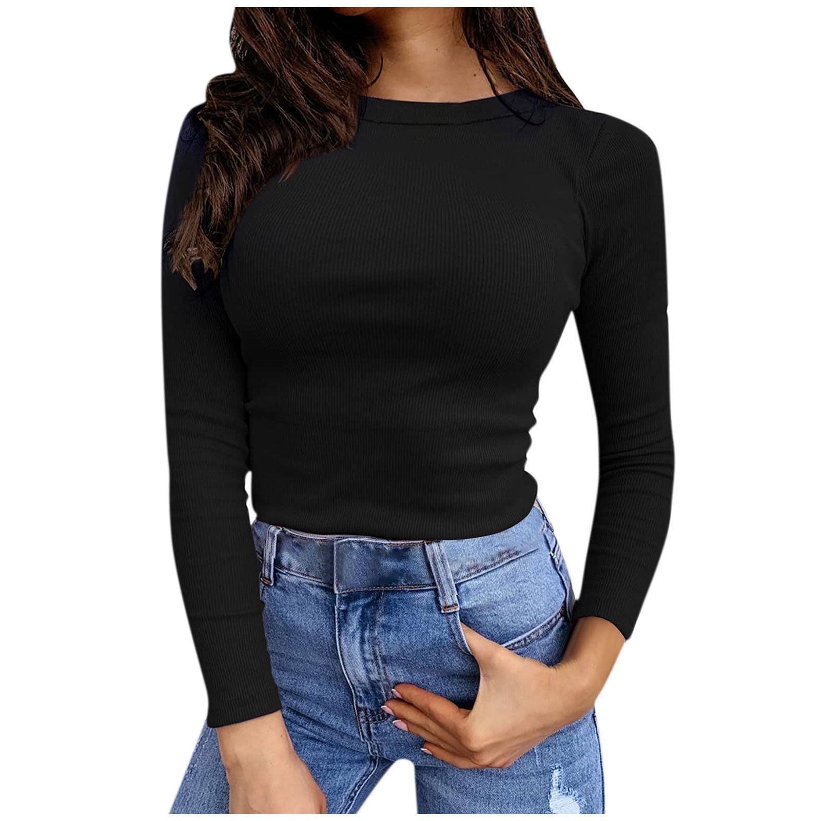 BLVB Women's Ribbed Knit Tops Crewneck Solid Color Long BLVB Women's Ribbed Knit Tops Crewneck Solid Color Long