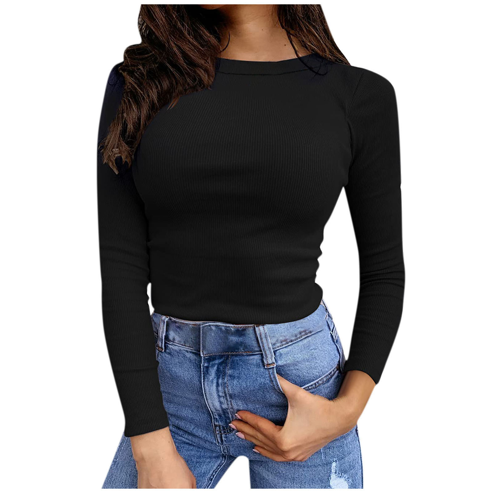 Women s Crewneck Ribbed Knit Tops Solid Long Sleeve Tees Casual Slim Fit High Quality Stretch Fabric Walmart
