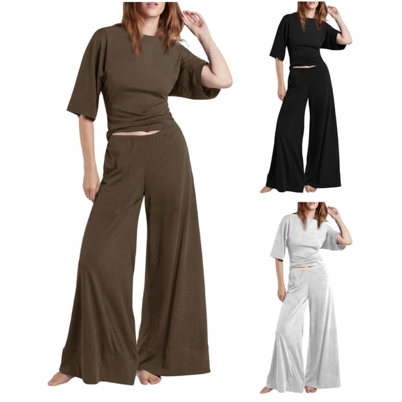Women's Ribbed Knit Tracksuit Full Set Summer 2 Piece Pullover Tops and Pants Loungewear Co Ord Sets with Pockets Gray L