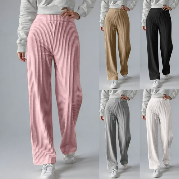 Women's Ribbed Knit Trousers with Thermal Lining and Elastic Waist Comfortable Wide Leg Winter Pants