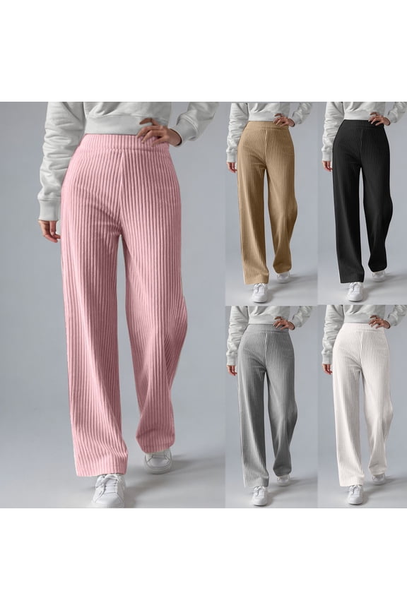 Women's Ribbed Knit Trousers with Thermal Lining and Elastic Waist Comfortable Wide Leg Winter Pants