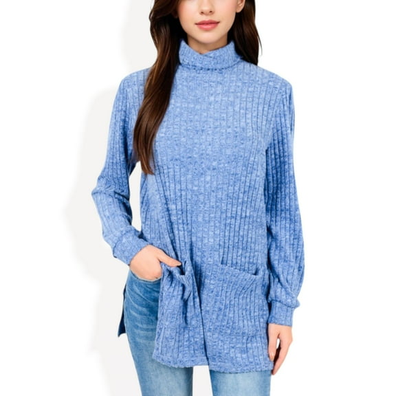 Women's Ribbed Knit Turtleneck Tunic Sweater with Front Pockets - Large, Blue