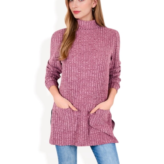 Women's Ribbed Knit Turtleneck Tunic Sweater with Front Pockets - Large, Purple