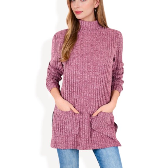 Women's Ribbed Knit Turtleneck Tunic Sweater with Front Pockets - Small, Purple