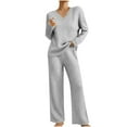 thumbnail image 1 of Women’s Ribbed Knit Two Piece Lounge Set Long Sleeve V Neck Pullover Sweater Top and Wide Leg Pants Soft Comfy Matching Pajama Outfit for Fall and Winter Nights, 1 of 9