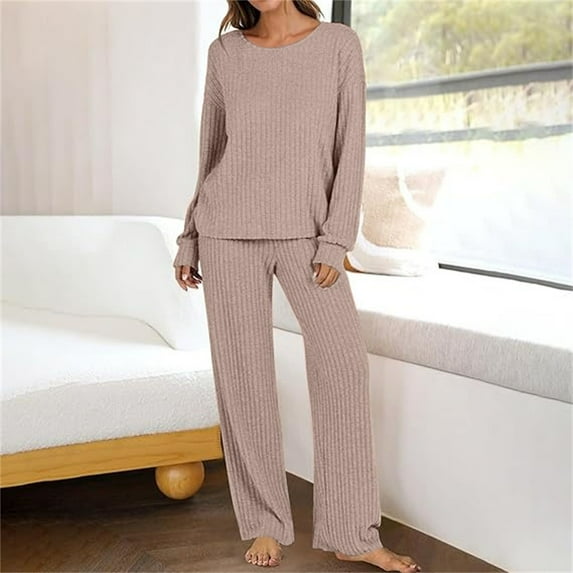 Women's Ribbed Knit Two Piece Sleepwear Set 2025, Long Sleeve Loungewear Pajamas with Crew Neck Top, Soft Comfortable Casual Sportswear for Home Relaxation, Travel and Everyday Wear Brown M