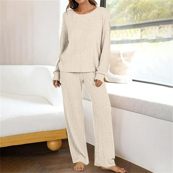 Women's Ribbed Knit Two Piece Sleepwear Set 2025, Long Sleeve Loungewear Pajamas with Crew Neck Top, Soft Comfortable Casual Sportswear for Home Relaxation, Travel and Everyday Wear Beige S