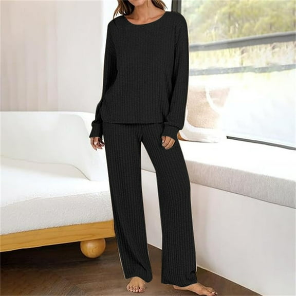 Women's Ribbed Knit Two Piece Sleepwear Set 2025, Long Sleeve Loungewear Pajamas with Crew Neck Top, Soft Comfortable Casual Sportswear for Home Relaxation, Travel and Everyday Wear Black S
