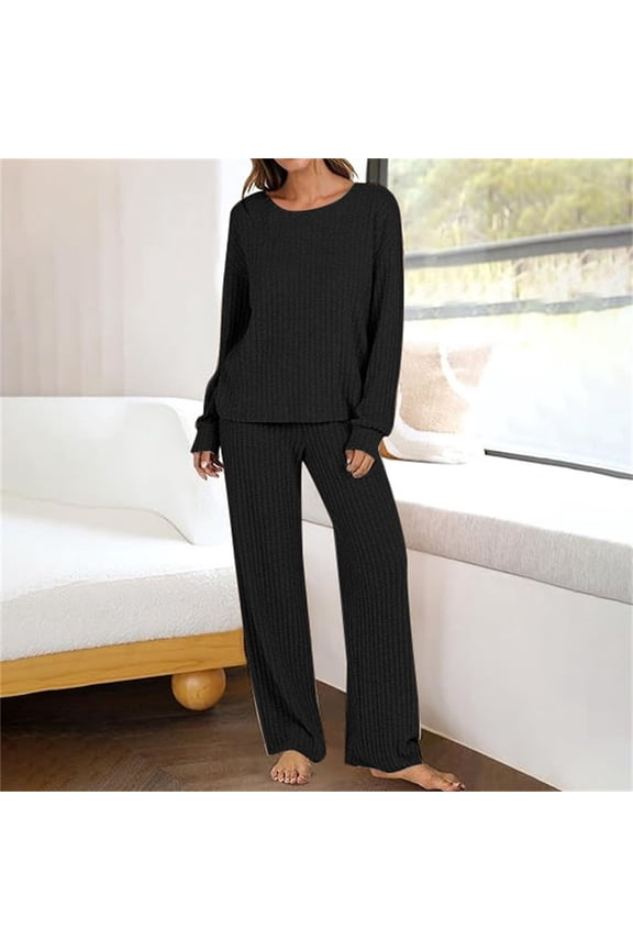 Women's Ribbed Knit Two Piece Sleepwear Set 2025, Long Sleeve Loungewear Pajamas with Crew Neck Top, Soft Comfortable Casual Sportswear for Home Relaxation, Travel and Everyday Wear Black S