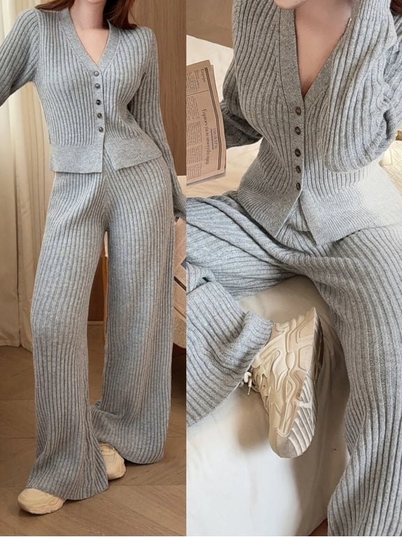 Women's Ribbed Knit V-Neck Button Cardigan & Wide Leg Pants Two Piece Set