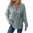 thumbnail image 1 of Women's Ribbed Knit V-Neck Hoodie Button Front Pullover Top with Drawstring Lightweight Raglan Sleeves Sculptural Fit Transitional Layering Piece, 1 of 6