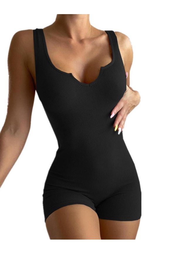 Women's Ribbed Knit V Neck Jumpsuit, Sleeveless One Piece Workout Bodysuit for Yoga, Fitness and Activewear