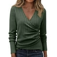 thumbnail image 1 of Women's Ribbed Knit V-Neck Wrap Tees, Long Sleeve Slim Fit Fashion Shirts Side Button Lightweight Work Blouses Green L, 1 of 4