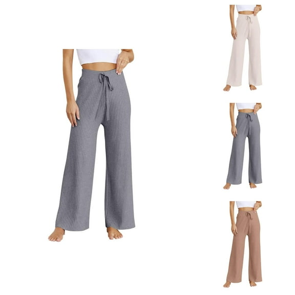 Women's Ribbed Knit Wide Leg Pants Casual Flowing Sweater Pants With Elastic Waist Summer Pants Women