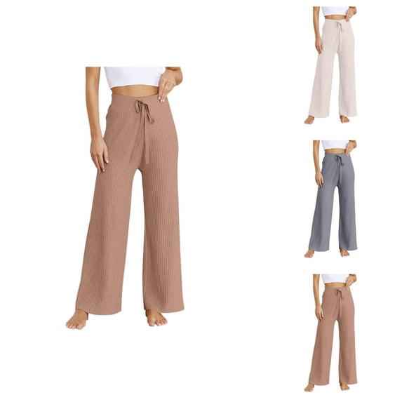 Women's Ribbed Knit Wide Leg Pants Casual Flowing Sweater Pants With Elastic Waist Womens Summer Capris Lightweight Casual