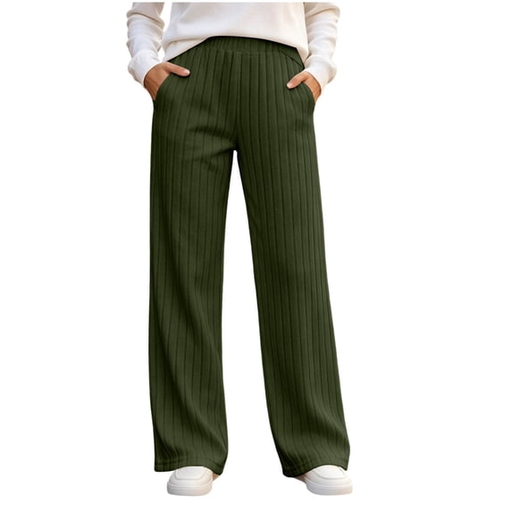 Women's Ribbed Knit Wide Leg Pants Elastic High Waist Loose Fit Lounge Palazzo Pants with Pockets Soft Cozy Fall Winter Pajama Trousers Army Green