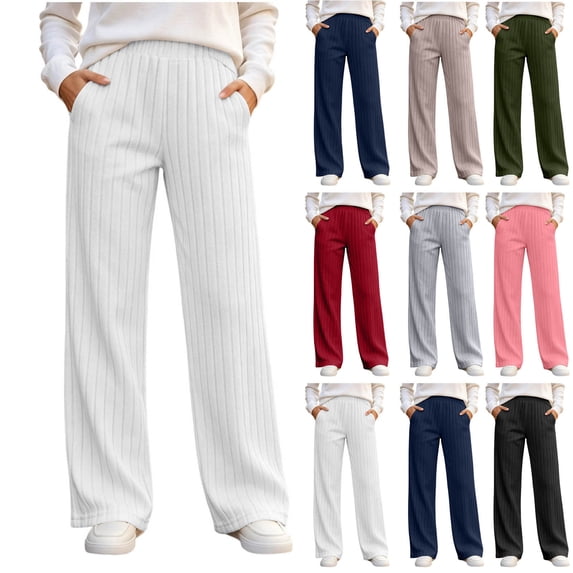 Women's Ribbed Knit Wide Leg Pants Elastic High Waist Loose Fit Lounge Palazzo Pants with Pockets Soft Cozy Fall Winter Pajama Trousers White