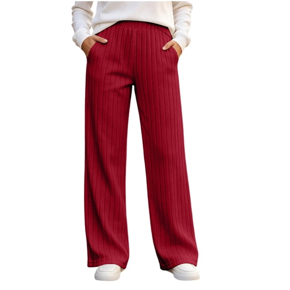 Women's Ribbed Knit Wide Leg Pants Elastic High Waist Loose Fit Lounge Palazzo Pants with Pockets Soft Cozy Fall Winter Pajama Trousers Wine