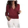 thumbnail image 1 of Women's Ribbed Knit Wrap Tops Dressy Casual Thin Sweaters Long Sleeve V Neck Going Out Crop Pullover Jumpers (L, Wine), 1 of 6