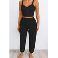 thumbnail image 1 of Women's Ribbed, Lace Trim Two-Piece Pajama Set, Black, Large, 1 of 2